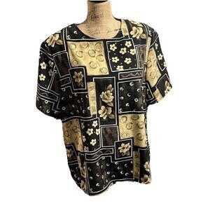 Notations black, tan and white floral blouse